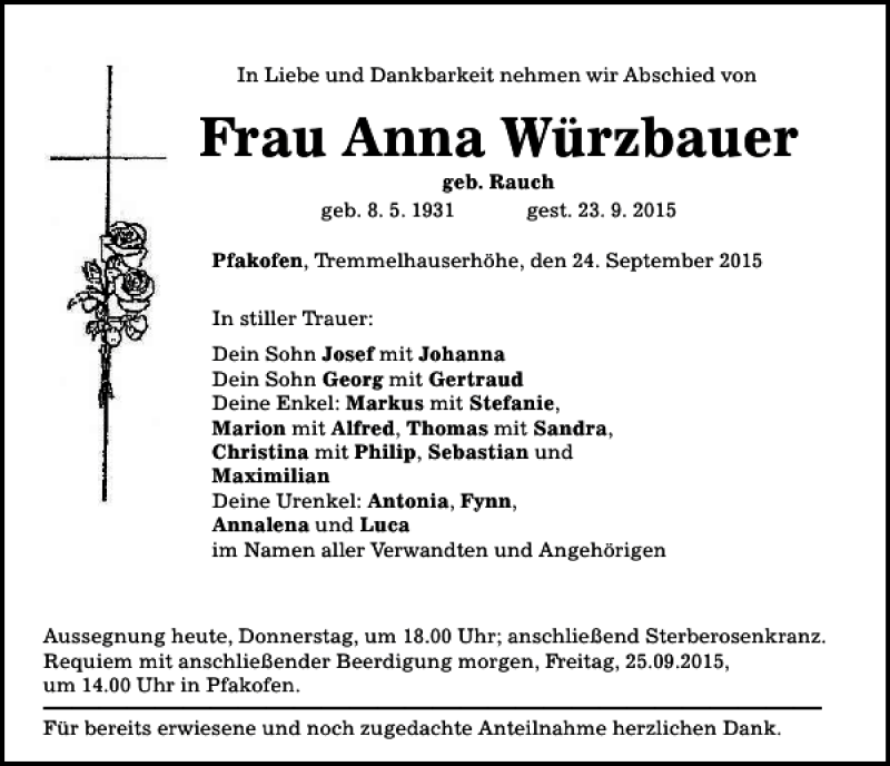 Traueranzeigen von Anna Würzbauer | Mittelbayerische Trauer