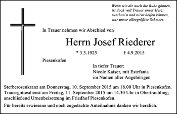 Traueranzeige von Josef Riederer von Mittelbayerische Zeitung Regensburg