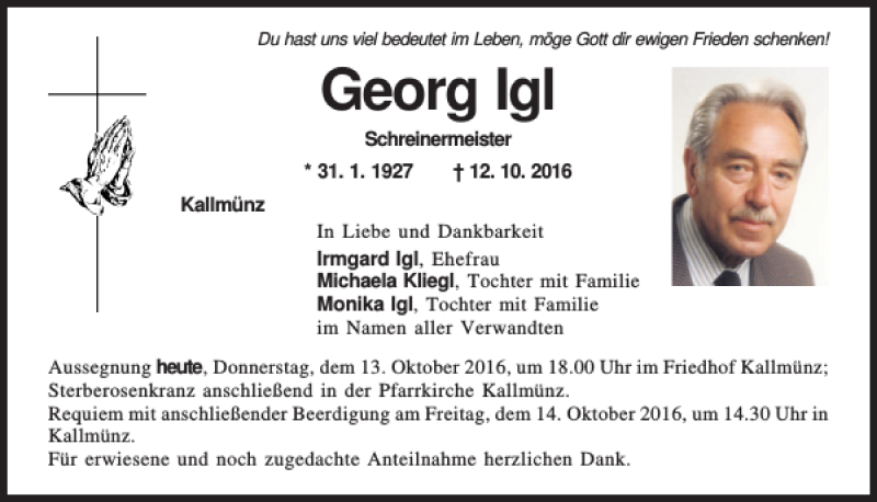  Traueranzeige für Georg Igl vom 13.10.2016 aus Mittelbayerische Zeitung Regensburg