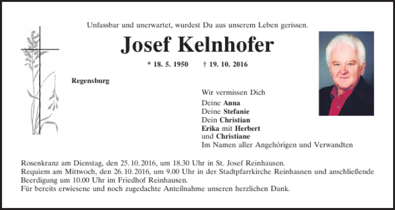  Traueranzeige für Josef Kelnhofer vom 22.10.2016 aus Mittelbayerische Zeitung Regensburg