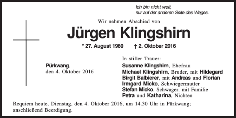  Traueranzeige für Jürgen Klingshirn vom 04.10.2016 aus Mittelbayerische Zeitung Kelheim