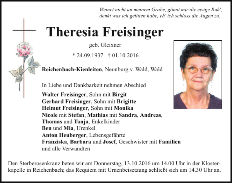 Traueranzeigen von Theresia Freisinger | Mittelbayerische Trauer