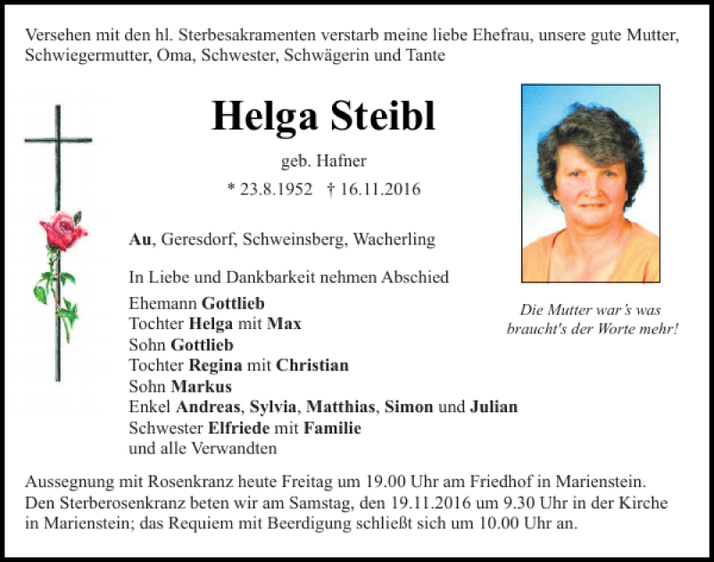 Traueranzeigen von Helga Steibl | Mittelbayerische Trauer