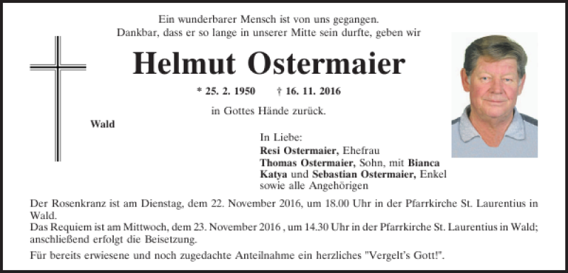 Traueranzeigen von Helmut Ostermaier | Mittelbayerische Trauer