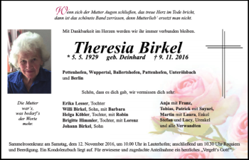 Traueranzeige von Theresia Birkel von Neumarkter Tagblatt