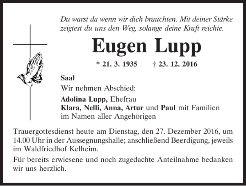  Traueranzeige für Eugen Lupp vom 27.12.2016 aus Mittelbayerische Zeitung Kelheim