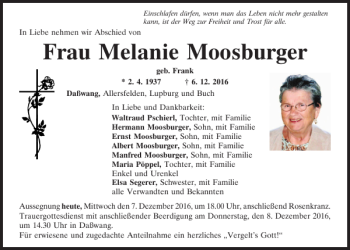 Traueranzeige von Melanie Moosburger von Neumarkter Tagblatt