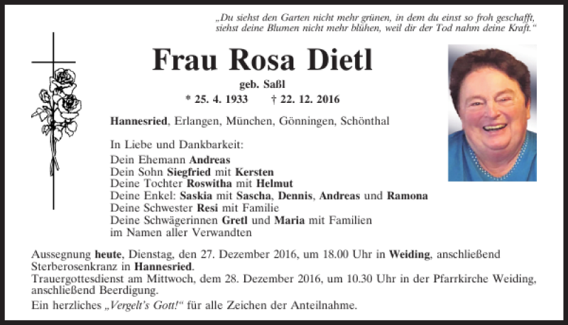 Traueranzeigen von Rosa Dietl | Mittelbayerische Trauer