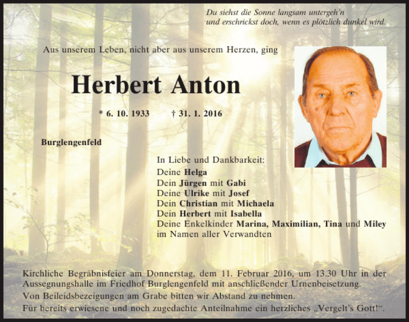  Traueranzeige für Herbert Anton vom 09.02.2016 aus Mittelbayerische Zeitung Schwandorf