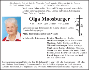 Traueranzeige von Olga Moosburger von Neumarkter Tagblatt