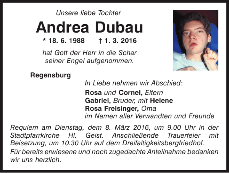  Traueranzeige für Andrea Dubau vom 05.03.2016 aus Mittelbayerische Zeitung Regensburg