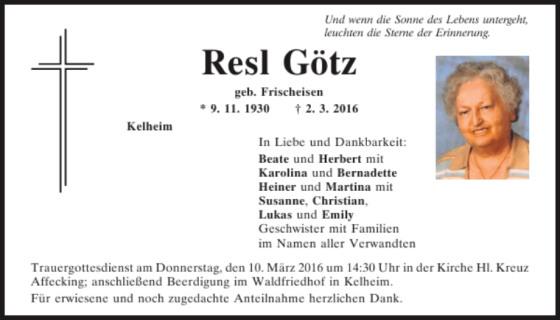 Traueranzeigen von Resl Götz | Mittelbayerische Trauer