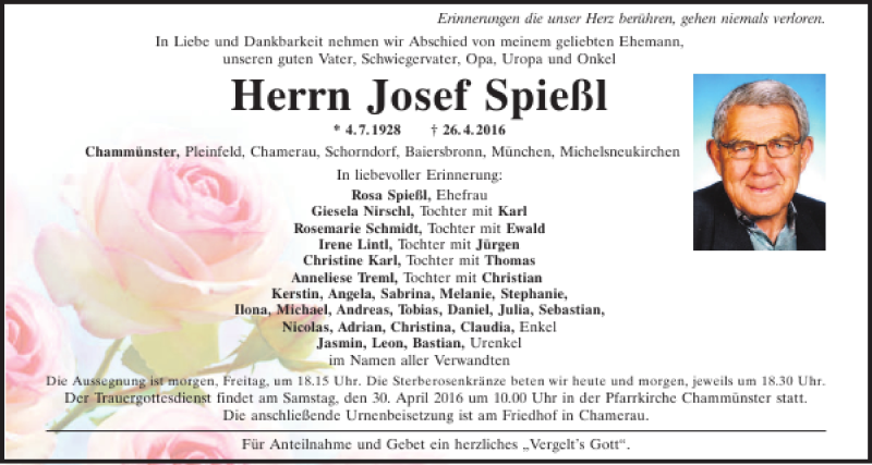  Traueranzeige für Josef Spießl vom 28.04.2016 aus Bayerwald Echo