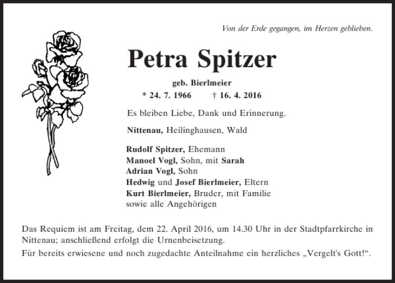  Traueranzeige für Petra Spitzer vom 19.04.2016 aus Mittelbayerische Zeitung Schwandorf