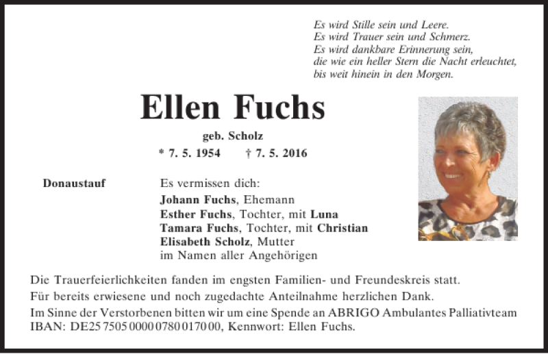 Traueranzeigen Von Ellen Fuchs | Mittelbayerische Trauer