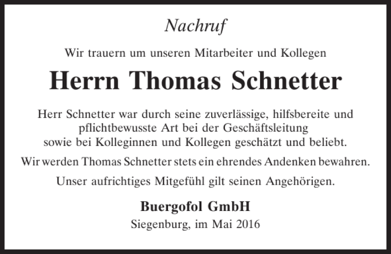  Traueranzeige für Thomas Schnetter vom 21.05.2016 aus Mittelbayerische Zeitung Regensburg