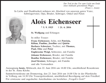 Traueranzeige von Alois Eichenseer von Neumarkter Tagblatt