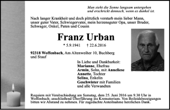 Traueranzeigen Von Franz Urban | Mittelbayerische Trauer