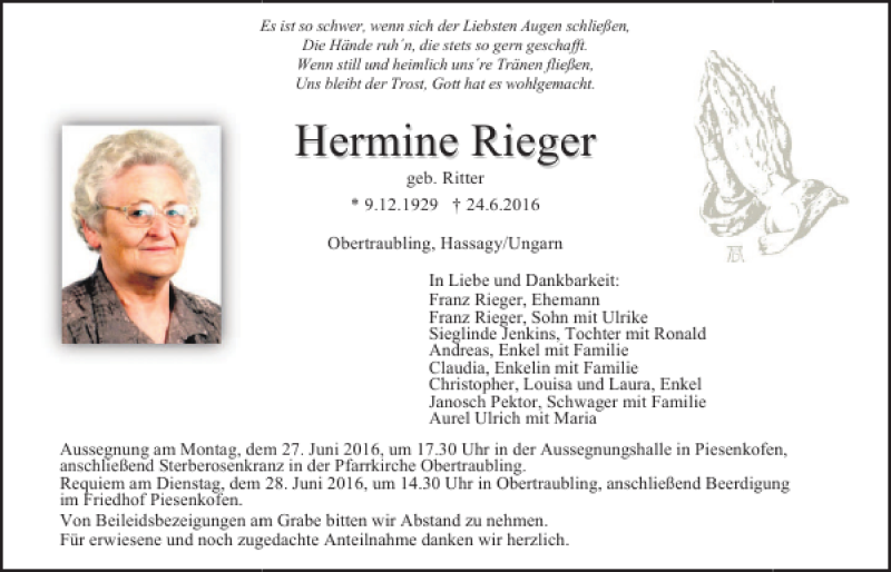 Traueranzeigen von Hermine Rieger | Mittelbayerische Trauer