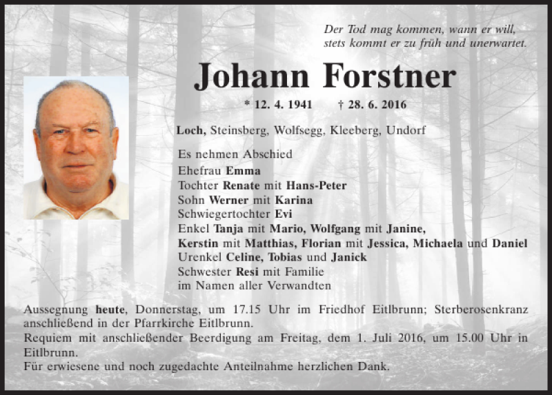  Traueranzeige für Johann Forster vom 30.06.2016 aus Mittelbayerische Zeitung Regensburg