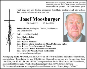 Traueranzeige von Josef Moosburger von Neumarkter Tagblatt