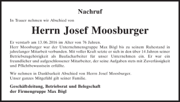 Traueranzeige von Josef Moosburger von Neumarkter Tagblatt