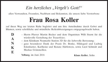 Traueranzeige von Rosa Koller von Neumarkter Tagblatt