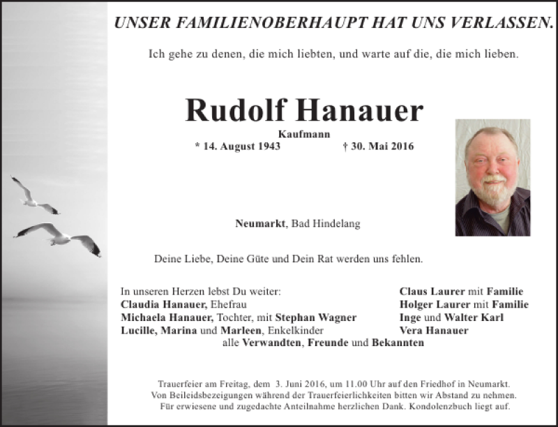  Traueranzeige für Rudolf Hanauer vom 02.06.2016 aus Neumarkter Tagblatt