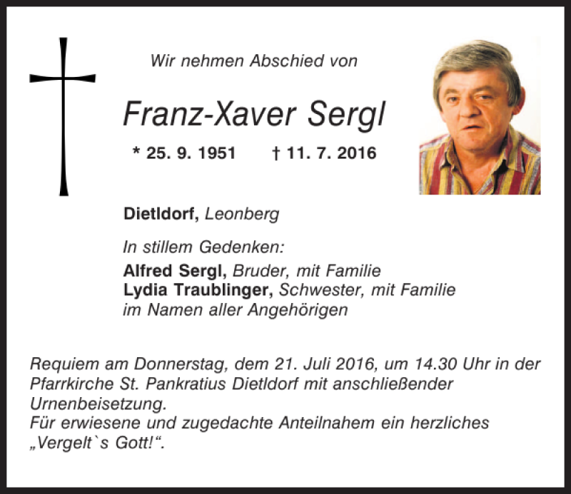  Traueranzeige für Franz-Xaver Sergl vom 19.07.2016 aus Mittelbayerische Zeitung Regensburg