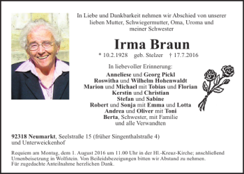 Traueranzeige von Irma Braun von Neumarkter Tagblatt