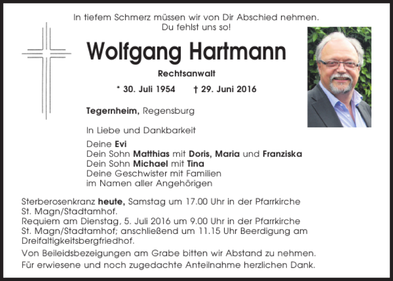  Traueranzeige für Wolfgang Hartmann vom 02.07.2016 aus Mittelbayerische Zeitung Regensburg