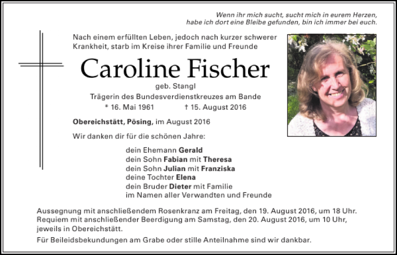  Traueranzeige für Caroline Fischer vom 18.08.2016 aus Bayerwald Echo