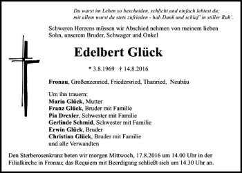 Traueranzeige von Engelbert Glück von Bayerwald Echo