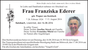 Traueranzeige von Franziska Ederer von Bayerwald Echo