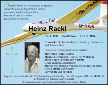 Traueranzeige von Heinz Rackl von Neumarkter Tagblatt