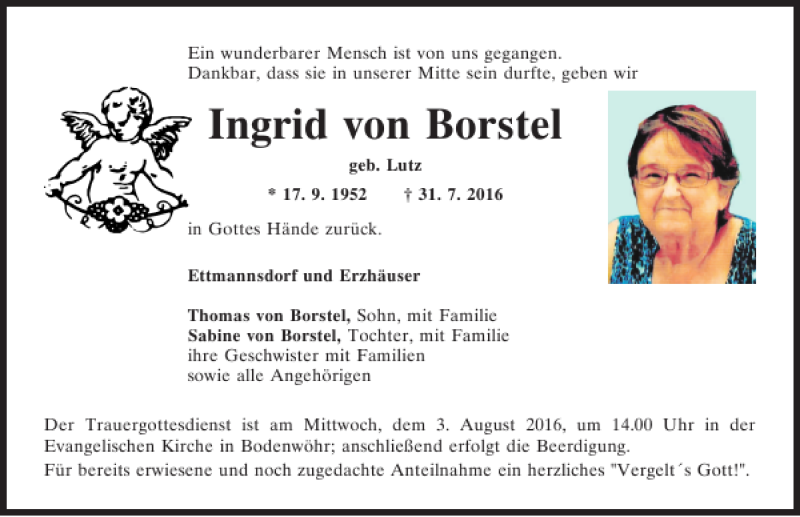  Traueranzeige für Ingrid von Borstel vom 02.08.2016 aus Mittelbayerische Zeitung Schwandorf