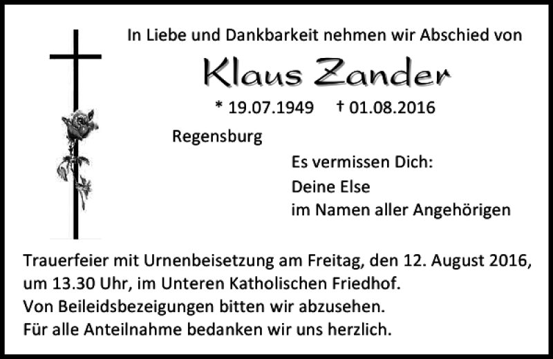  Traueranzeige für Klaus Zander vom 06.08.2016 aus Mittelbayerische Zeitung Regensburg