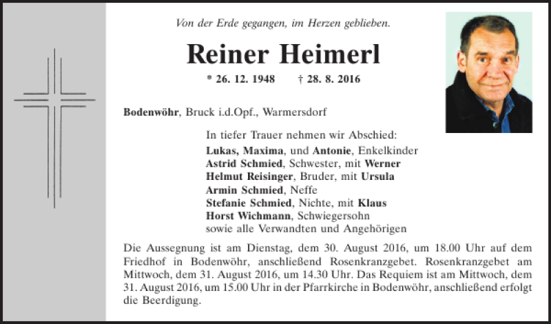  Traueranzeige für Reiner Heimerl vom 30.08.2016 aus Mittelbayerische Zeitung Schwandorf