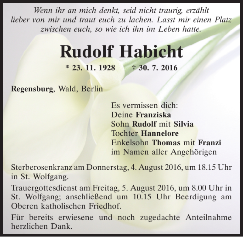  Traueranzeige für Rudolf Habicht vom 02.08.2016 aus Mittelbayerische Zeitung Regensburg