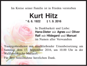 Traueranzeige von Kurt Hitz von Mittelbayerische Zeitung Kelheim