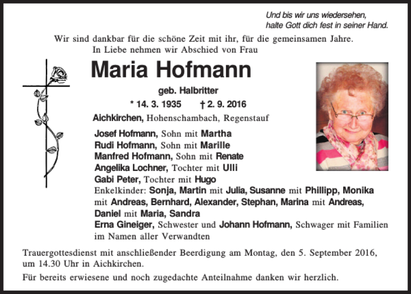 Traueranzeigen von Maria Hofmann | Mittelbayerische Trauer