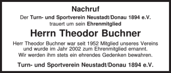 Traueranzeige von Theodor Buchner von Mittelbayerische Zeitung Kelheim