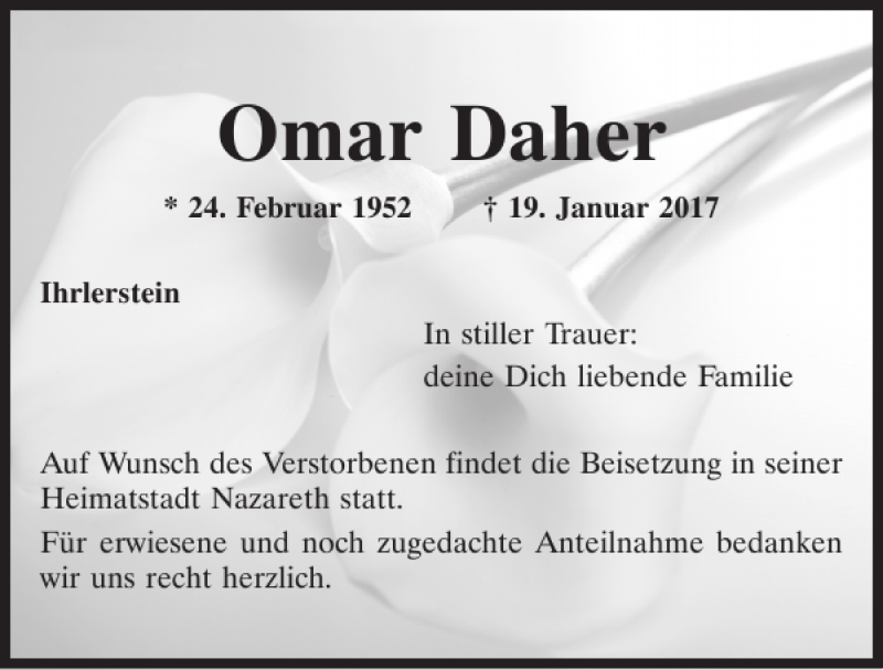  Traueranzeige für Omar Daher vom 21.01.2017 aus Mittelbayerische Zeitung Kelheim