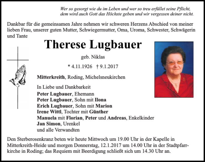  Traueranzeige für Therese Lugbauer vom 11.01.2017 aus Bayerwald Echo