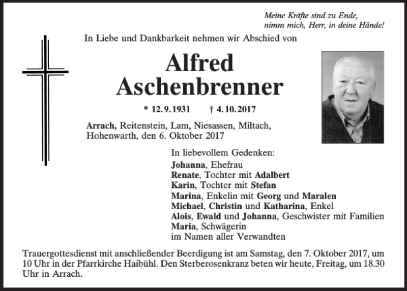  Traueranzeige für Alfred Aschenbrenner vom 06.10.2017 aus Bayerwald Echo