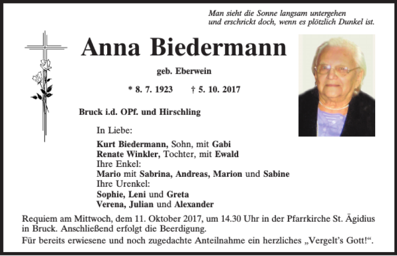  Traueranzeige für Anna Biedermann vom 07.10.2017 aus Mittelbayerische Zeitung Schwandorf