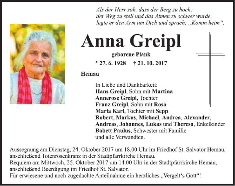  Traueranzeige für Anna Greipl vom 23.10.2017 aus Mittelbayerische Zeitung Regensburg