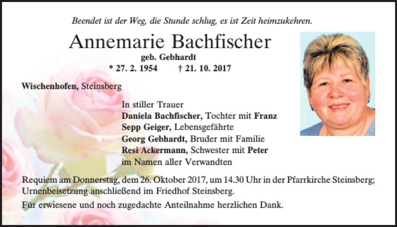  Traueranzeige für Annemarie Bachfischer vom 23.10.2017 aus Mittelbayerische Zeitung Regensburg