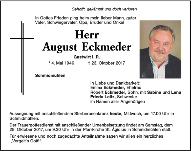  Traueranzeige für August Eckmeder vom 25.10.2017 aus Mittelbayerische Zeitung Regensburg