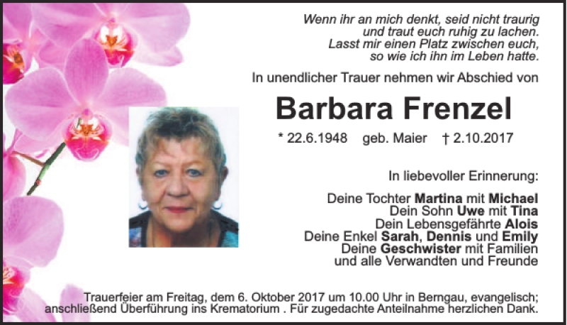  Traueranzeige für Barbara Frenzel vom 05.10.2017 aus Neumarkter Tagblatt